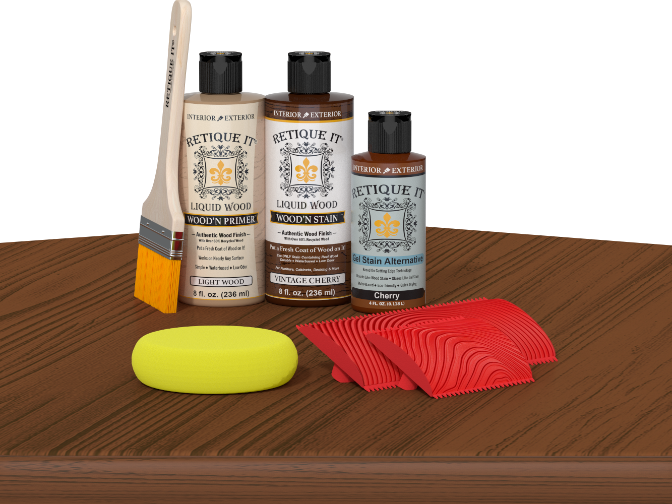 Retique It Vintage Cherry wood stain kit for fireplace mantel, showcasing the rich cherry finish on wood surface.