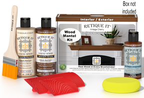 Retique It Wood'n Finish Kit in Vintage Cherry stain for fireplace mantels, showcasing wood stain application and color detail.