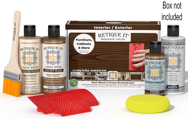 Retique It Wood'n Finish Kit in Dark Oak for exterior top coating, includes wood stain and protective finish in a portable box.