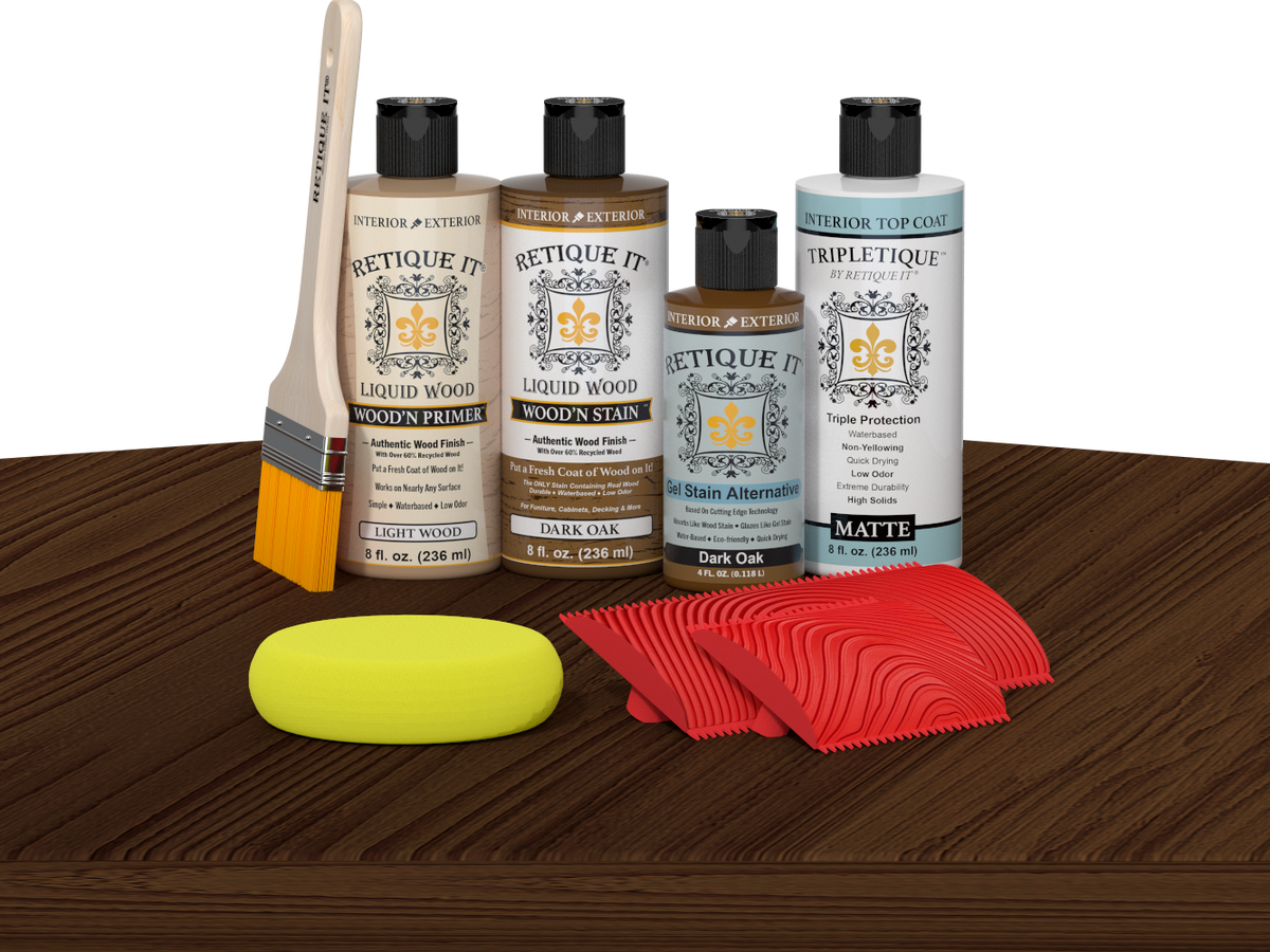 Retique It® Dark Oak Wood'n Kit with Light Wood Primer, Dark Oak Wood'n Stain, Matte TripleTique Top Coat, yellow sponge, red graining tool, and brush.