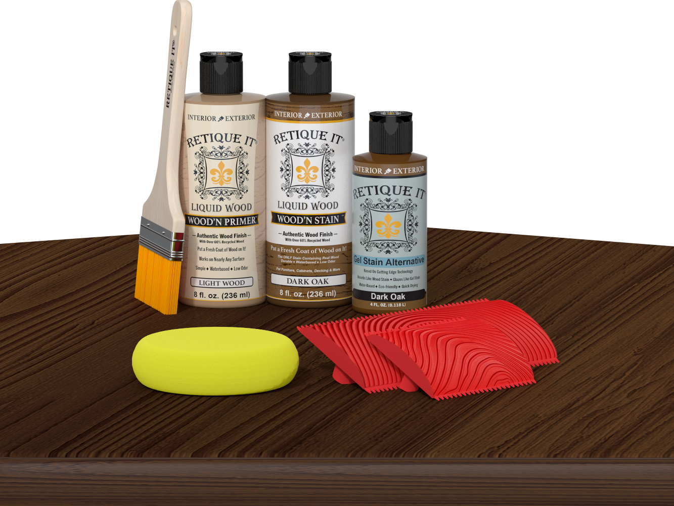 Multi-purpose Wood'n Kit in Dark Oak finish by Retique It® on a table, showcasing wood finishing tools and supplies.
