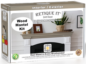 Retique It Fireplace Mantel Wood'n Finish Kit in Drift Wood stain, showcasing the stained wood mantel with natural wood grain.