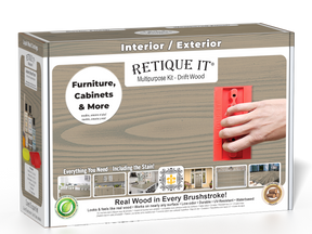 Retique It® Wood'n Finish Kit with driftwood exterior top coat, showing the kit's tools and wood finish application.