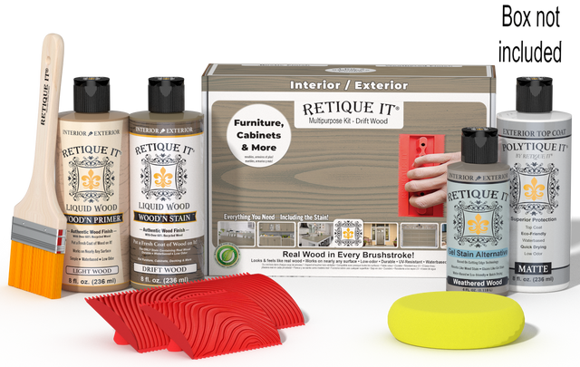 Retique It Wood'n Finish Kit in Drift Wood with exterior top coat, includes tools and materials for wood finishing projects.