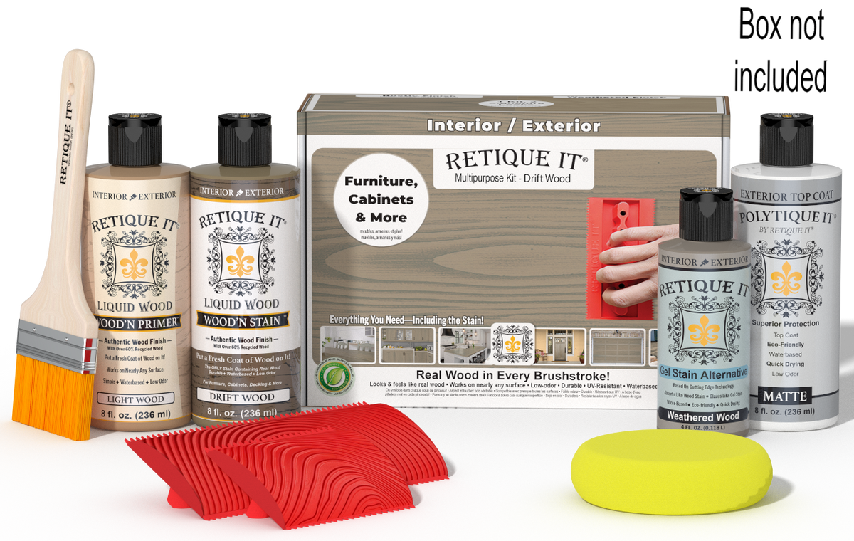 Retique It® Wood'n Kit in Drift Wood finish with exterior top coat and applicator tools, designed for wood finishing projects.