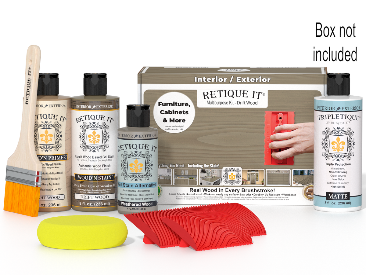 Retique It® Wood'n Finish Kit in Drift Wood for interior top coating, shown with included tools and product packaging.