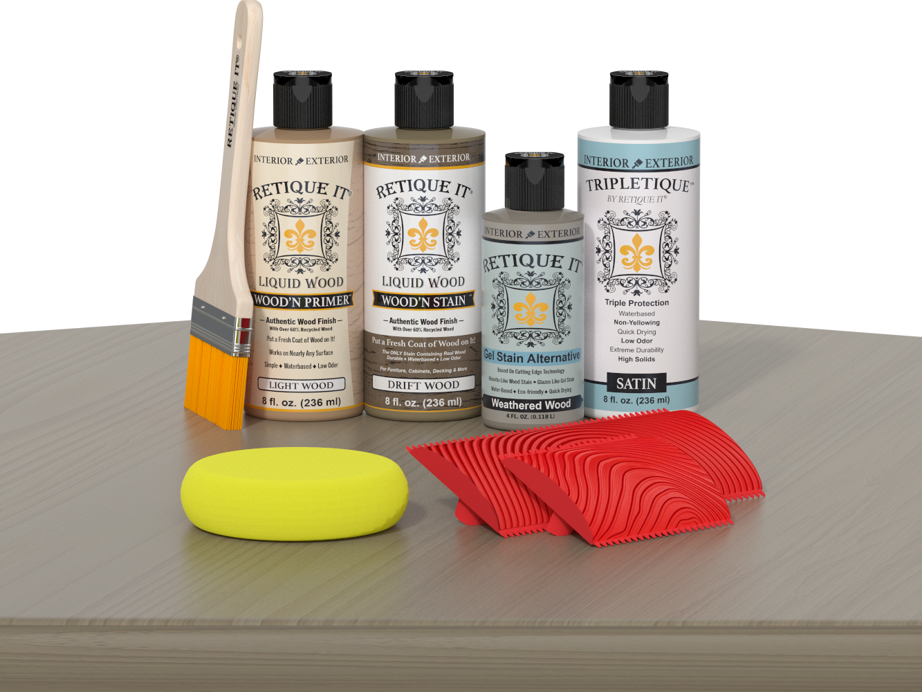 Retique It® Wood'n Finish Kit in Drift Wood applied to a table with interior top coat, showcasing natural wood grain and finish.