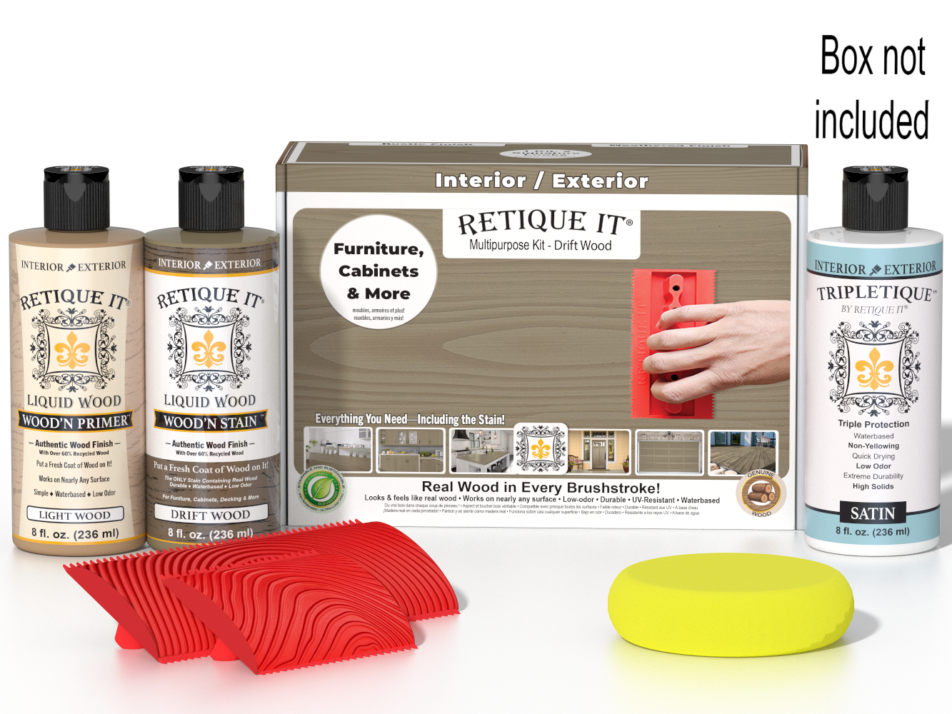 Retique It® Wood'n Finish Kit with driftwood color, containing interior top coat and tools for wood finishing projects.