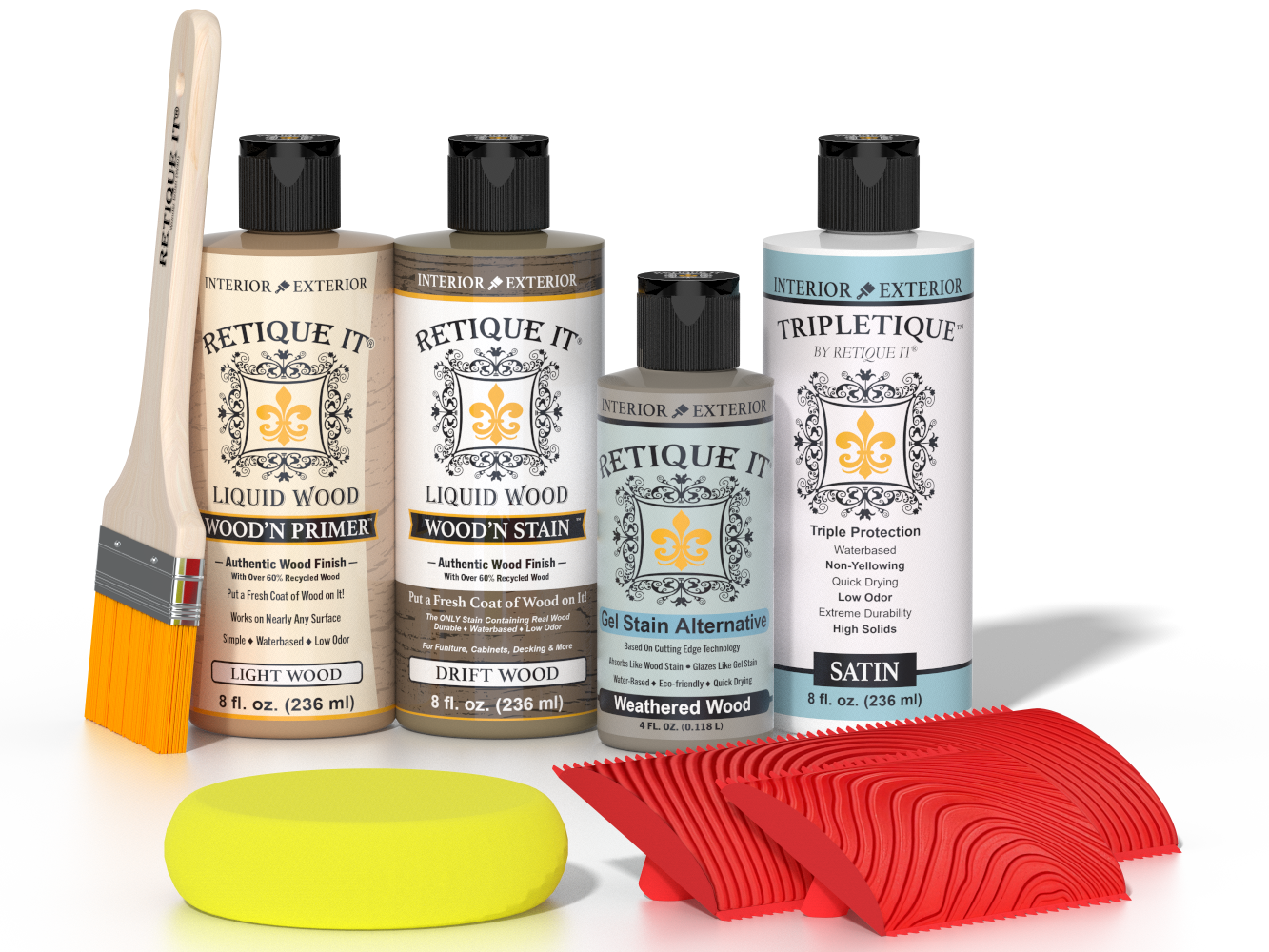 Retique It® Wood'n Finish Kit with driftwood interior top coat, featuring natural wood grain and finish application tools.