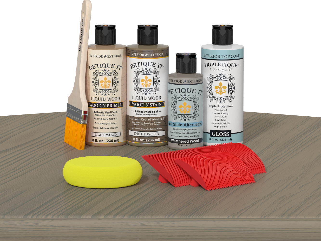 Retique It® Drift Wood Wood'n Kit with Light Wood primer, Drift Wood stain, Weathered Wood gel stain alternative, Gloss Tripletique® Top Coat, brush, red graining tool, and yellow sponge.