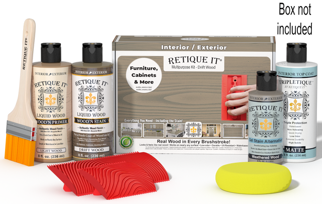 Retique It Wood'n Finish Kit in Drift Wood with top coat and applicator, designed for interior wood finishing projects.
