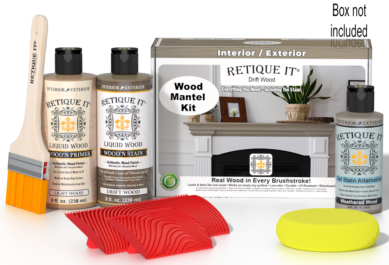 Retique It Fireplace Mantel Wood'n Finish Kit in Drift Wood stain, showing the wood stain application on a mantel.