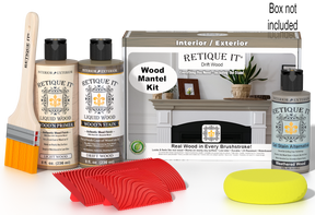 Retique It Fireplace Mantel Wood'n Finish Kit in Drift Wood stain, showing the wood stain application on a mantel.