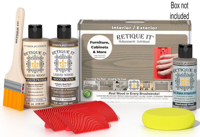Retique It Wood'n Finish Kit in Drift Wood, a multi-purpose wood finishing kit with tools and materials for wood projects.