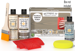 Retique It® Wood'n Finish Kit in Drift Wood showing the multi-purpose kit with wood finish containers and application tools.