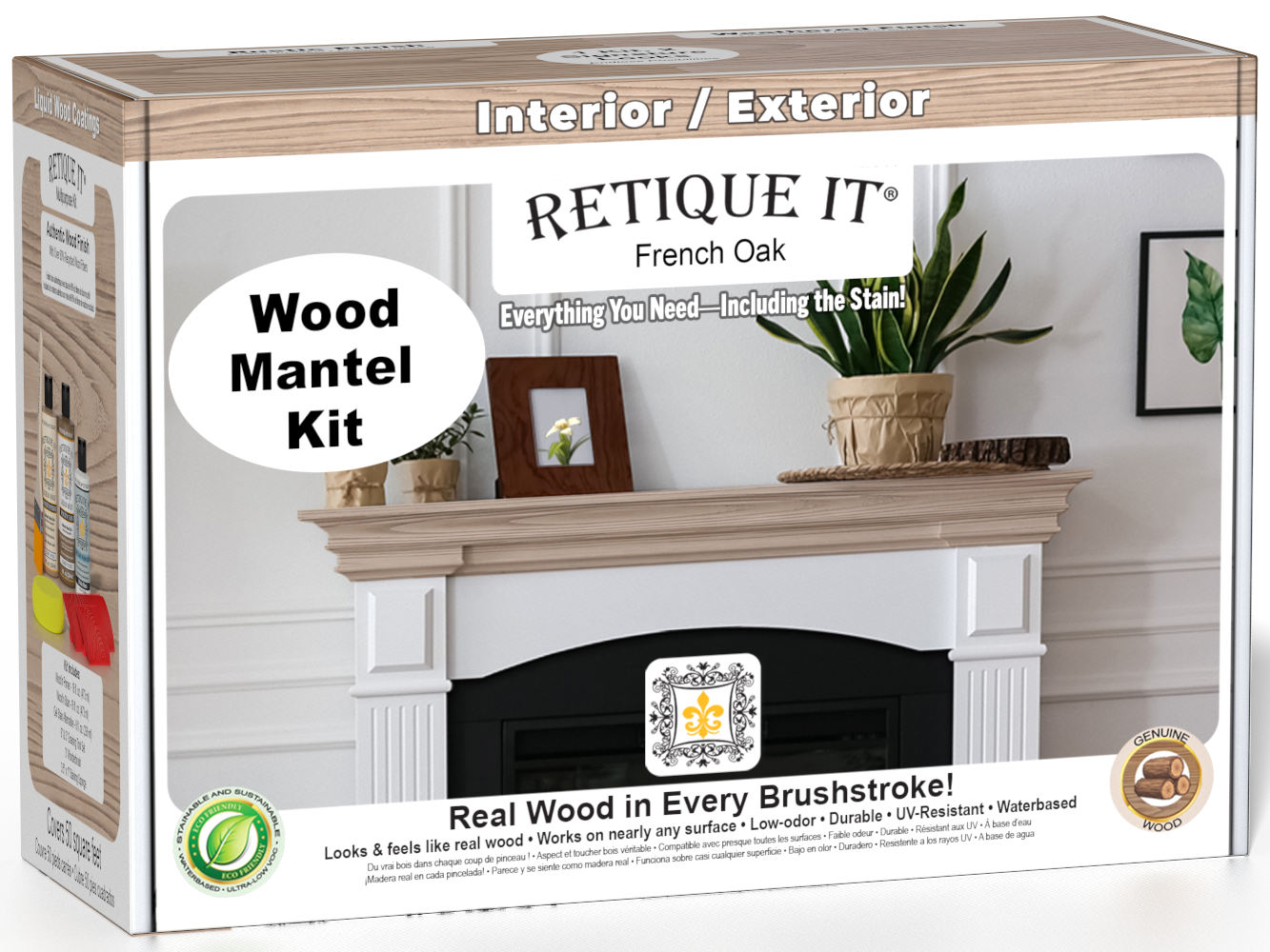 Retique It French Oak wood stain kit for fireplace mantels, showcasing wood finish options with a natural oak appearance.