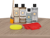 Retique It® Wood'n Finish Kit in French Oak for exterior top coating, featuring a wood finish kit with applicator on a table.