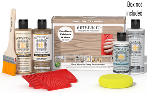 Retique It® Wood'n Finish Kit for French Oak exterior top coat, includes wood finish and applicator tools in a kit box.