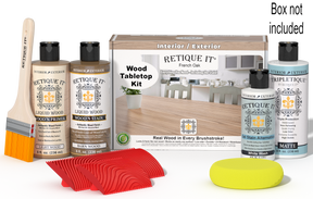Retique It® Wood'n Finish Kit French Oak stain for tabletops, featuring a wood finish and stain kit in a compact box.