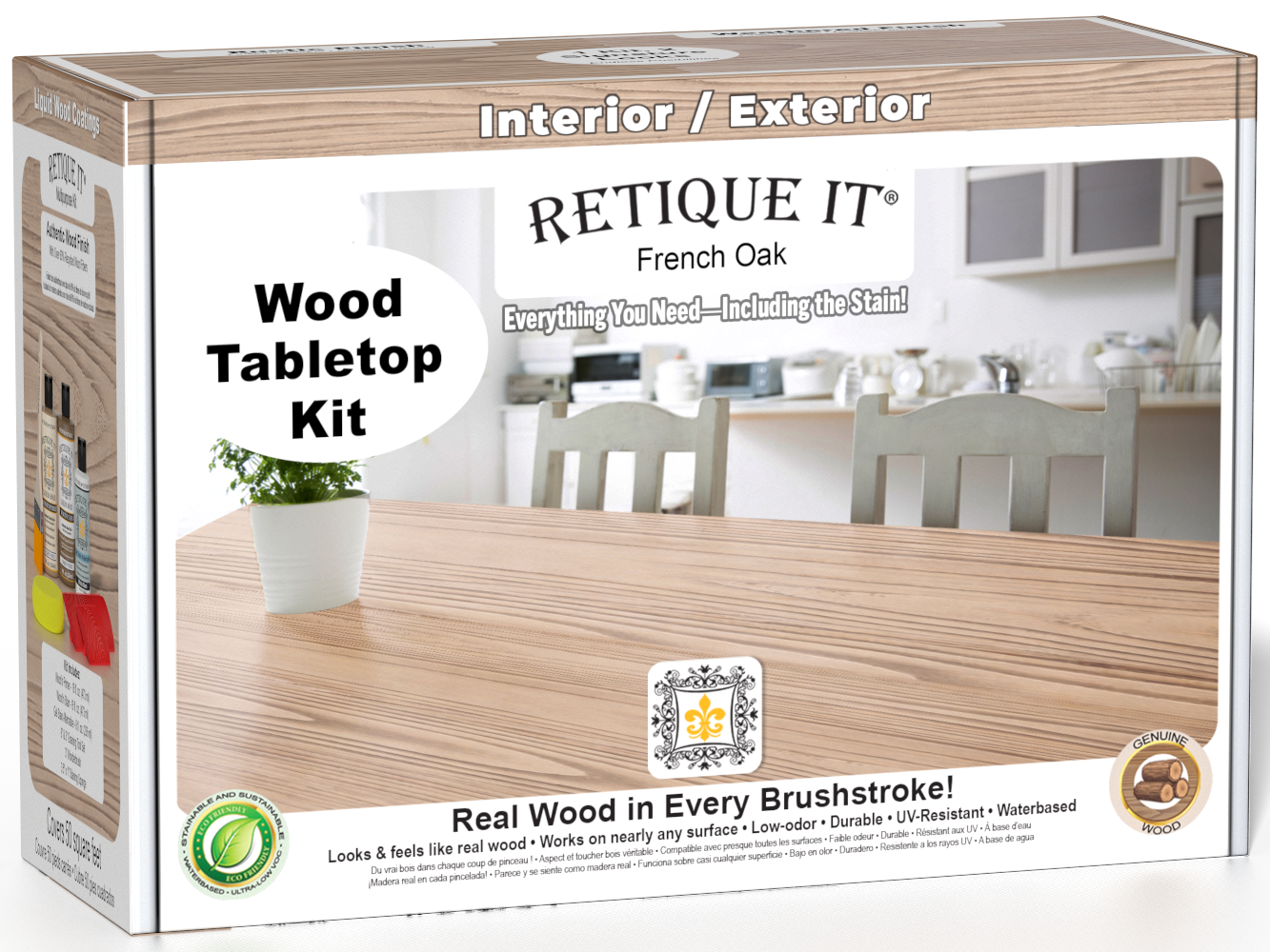 Retique It® French Oak Wood Tabletop Kit retail box featuring a French Oak tabletop finish and kitchen scene.