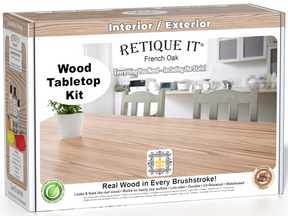 Retique It® French Oak Wood Tabletop Kit retail box featuring a French Oak tabletop finish and kitchen scene.