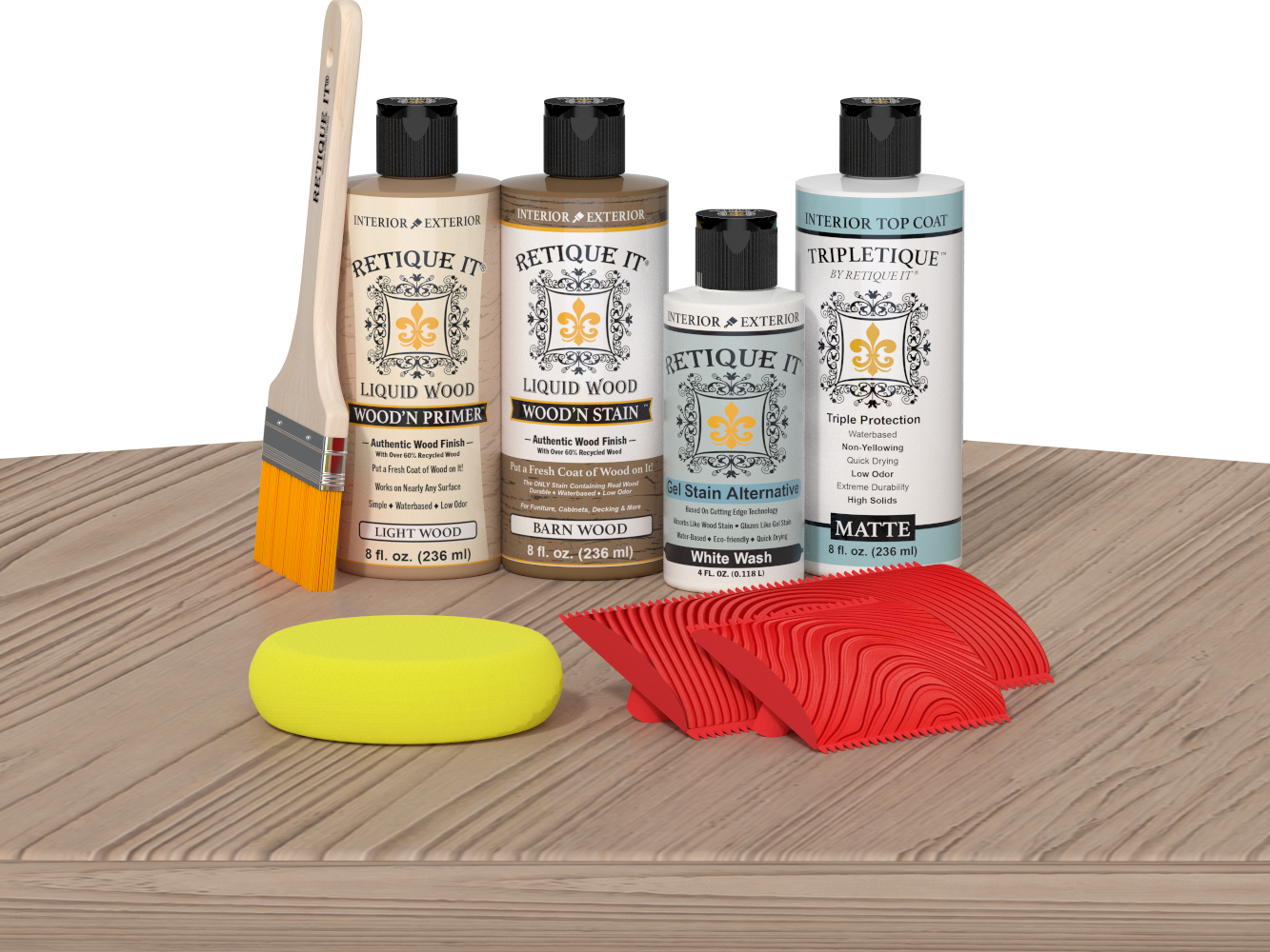 Retique It® French Oak Wood'n Kit with Light Wood primer, Barn Wood stain, White Wash gel stain alternative, Matte Tripletique® Top Coat, brush, red graining tool, and yellow sponge.