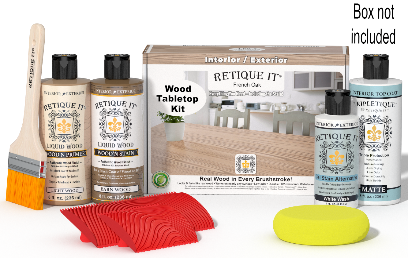 Retique It® French Oak Wood Tabletop Kit with Light Wood primer, Barn Wood stain, White Wash gel stain alternative, Matte Tripletique® Top Coat, brush, red graining tool, yellow sponge, and product box.