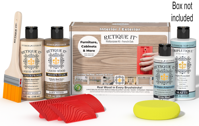 Retique It Wood'n Finish Kit for French Oak, interior top coat, includes wood finishing tools and product in a box.