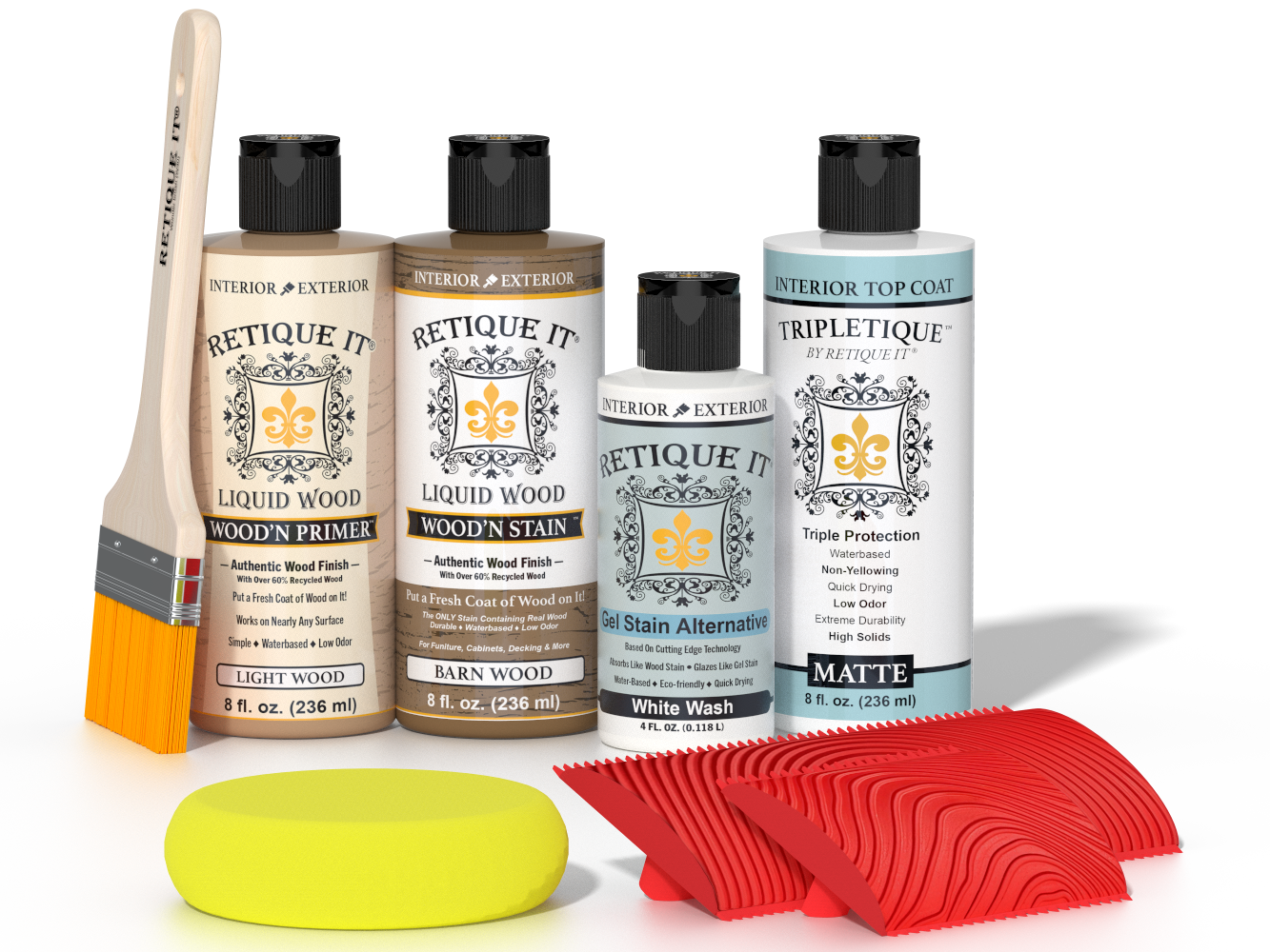 Retique It® French Oak Wood'n Kit with Light Wood primer, Barn Wood stain, White Wash gel stain alternative, Matte Tripletique® Top Coat, brush, red graining tool, and yellow sponge.