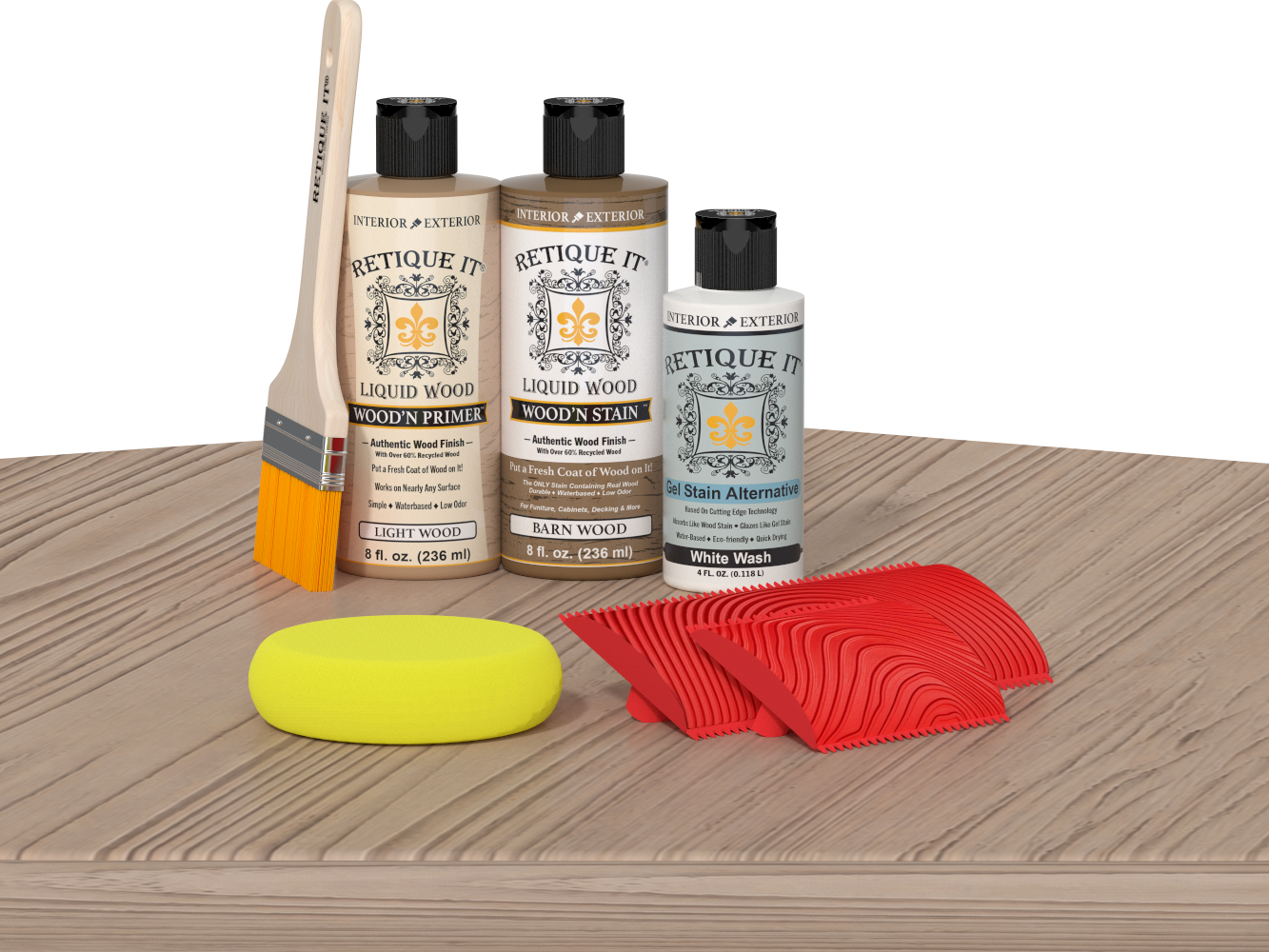 Retique It Fireplace Mantel Wood'n Finish Kit in French Oak stain applied to a wood surface, showcasing rich oak color and finish.