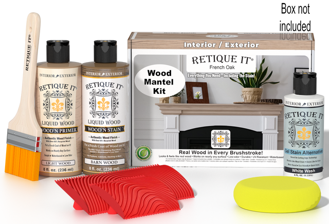 Retique It Fireplace Mantel Wood'n Finish Kit in French Oak stain, showing wood stain and finishing supplies.