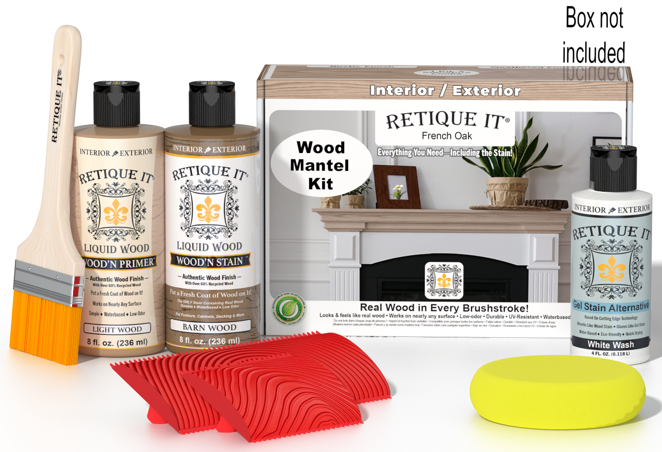Retique It Fireplace Mantel Wood'n Finish Kit in French Oak stain, showing the wood stain color and application tools.