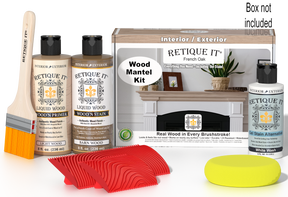 Retique It Fireplace Mantel Wood'n Finish Kit in French Oak stain, showing the wood stain color and application tools.