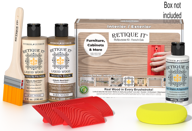 Retique It Wood'n Finish Kit in French Oak showcasing wood finish bottles and application tools for multi-purpose woodworking projects.