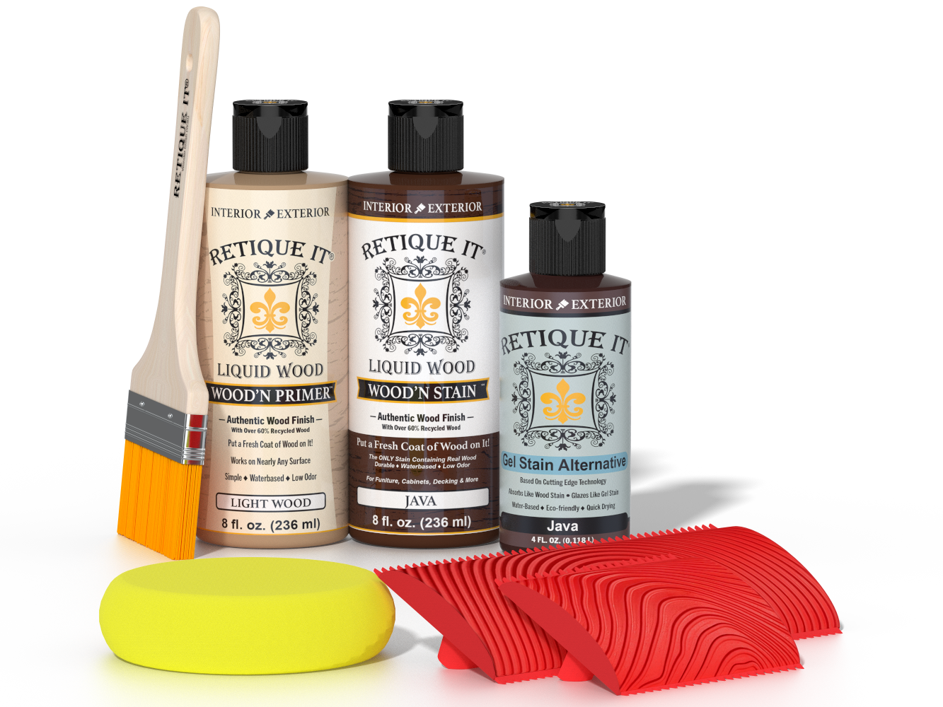 Multi-purpose Wood'n Kit Java by Retique It® for wood finishing, includes brushes and stains, shown in a detailed close-up image.