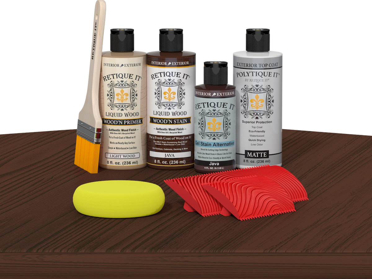 Retique It® Wood'n Kit Java exterior top coat with wood finish, shown on a table, for multi-purpose wood finishing projects.