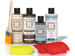 Retique It® Wood'n Kit Java interior top coat with wood finish, showing application tools and wood surface in the image.