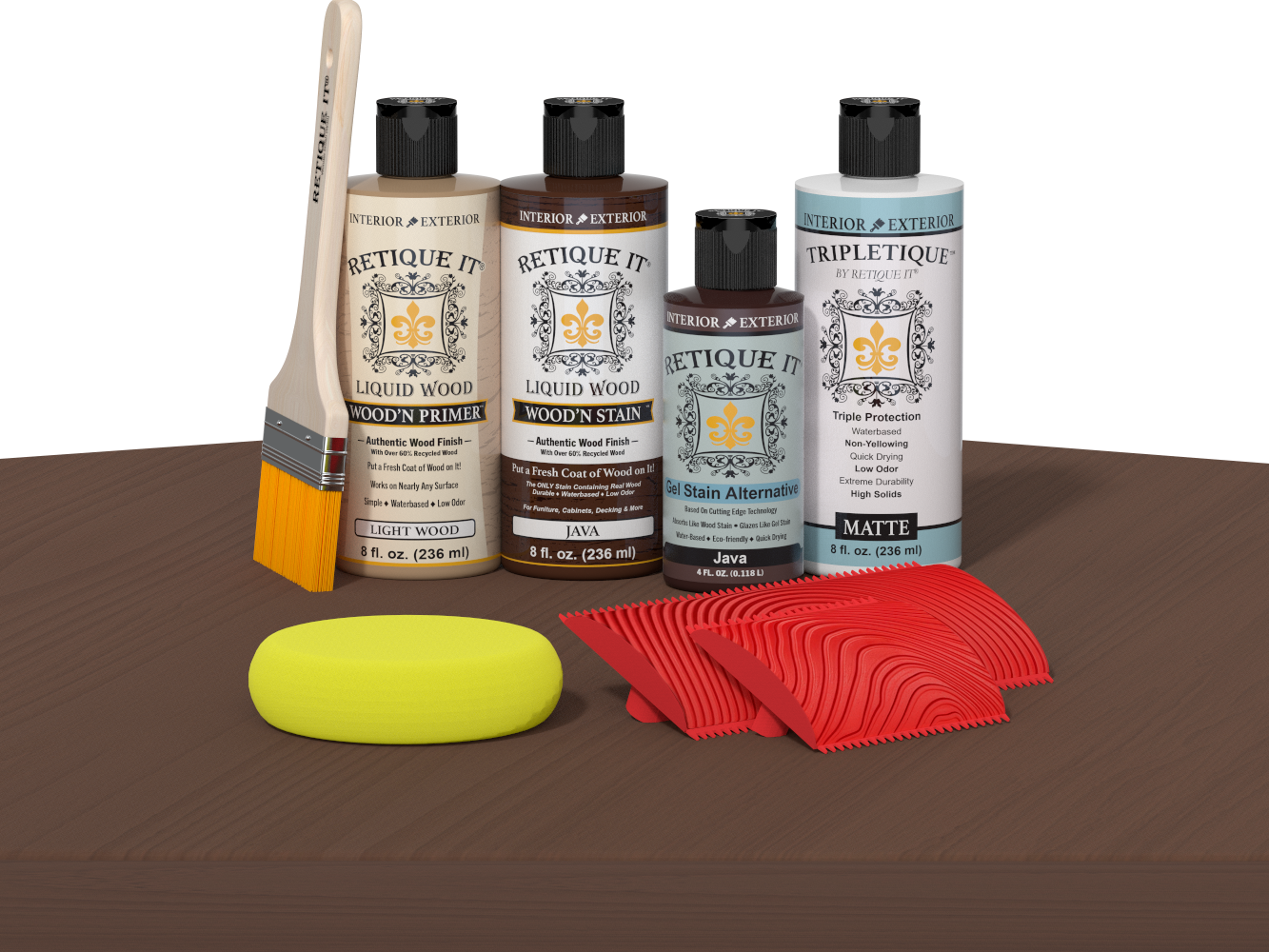 Retique It® Wood'n Finish Kit Java for interior wood projects, featuring a top coat applied on a table surface.