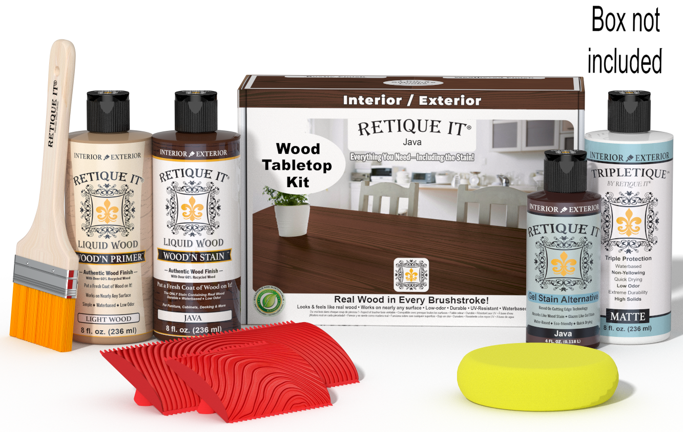 Retique It® Wood'n Finish Kit Java with stain bottles and applicator, designed for tabletop wood finishing and restoration.