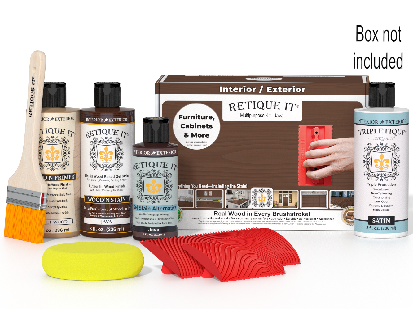 Retique It® Wood'n Kit Java interior top coat set with wood finish products in a box for wood surface protection and enhancement.