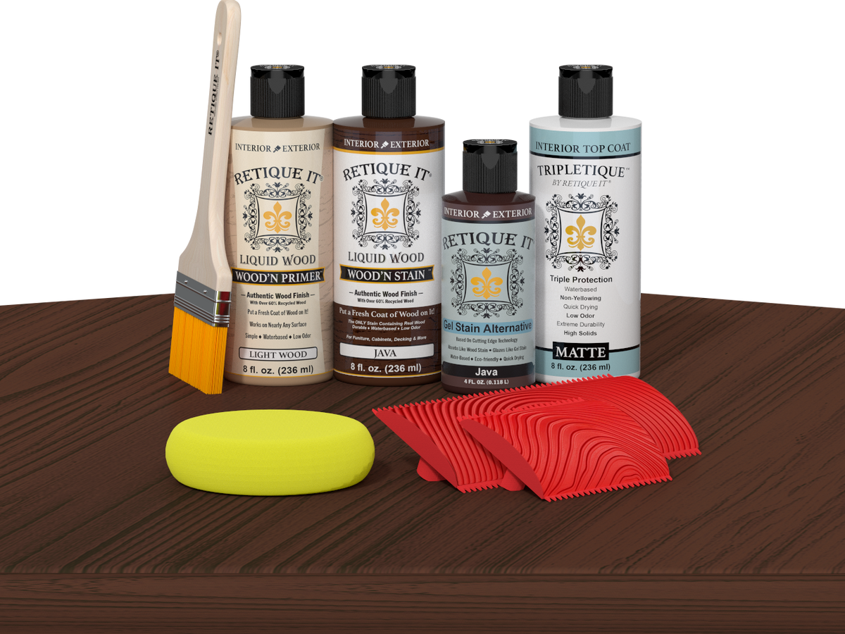 Retique It® Java Wood'n Kit with Light Wood primer, Java stain, Java gel stain alternative, Matte Tripletique® Top Coat, brush, red graining tool, and yellow sponge.
