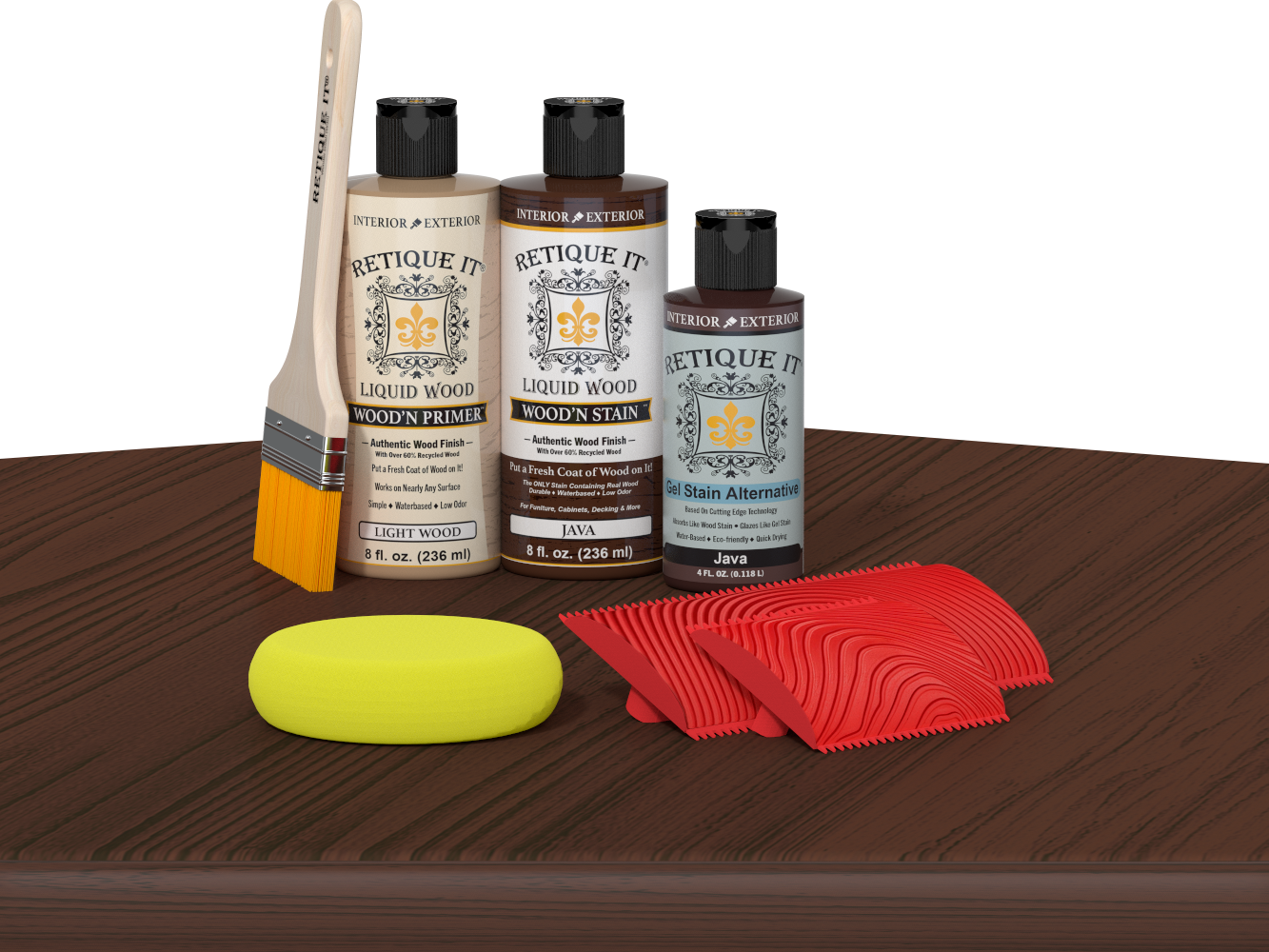 Retique It® Fireplace Mantel Wood'n Finish Kit in Java stain displayed on table, showcasing wood stain options for fireplace mantels.