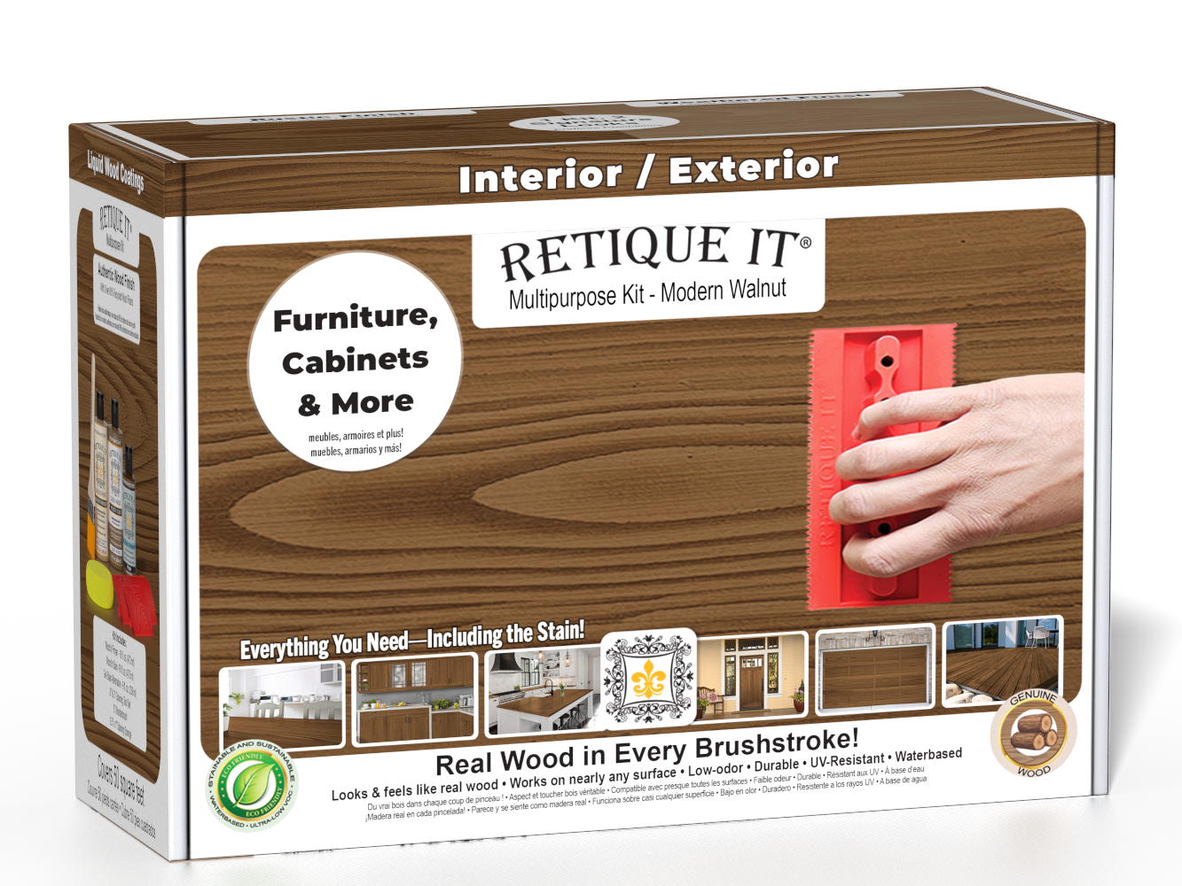 Retique It® Multi-purpose Wood'n Kit in Modern Walnut with interior topcoat, featuring wood finish and application tools in a box.