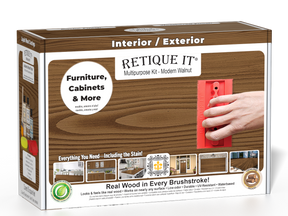 Retique It® Wood'n Finish Kit in Modern Walnut with exterior topcoat, including tools and supplies for wood finishing projects.