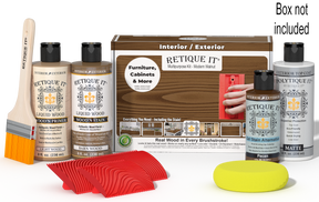 Retique It® Wood'n Finish Kit in modern walnut with exterior topcoat, featuring wood finish products and application tools in a box.