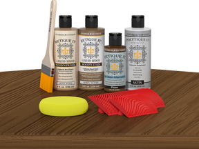 Retique It® Wood'n Finish Kit in Modern Walnut with exterior topcoat, displayed on a table for multi-purpose wood finishing.