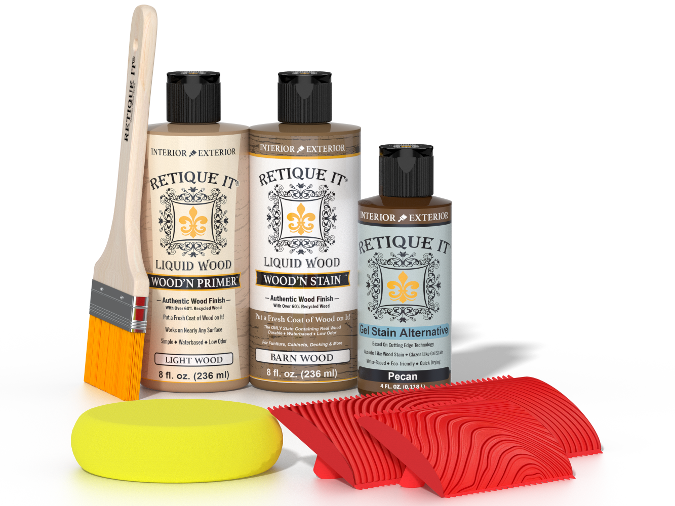 Retique It® Modern Walnut Wood Kit with primer, stains, brush, yellow sponge, and red graining tools.