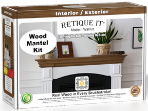 Retique It® Modern Walnut Wood Mantel Kit packaging featuring a wood-look fireplace mantel.
