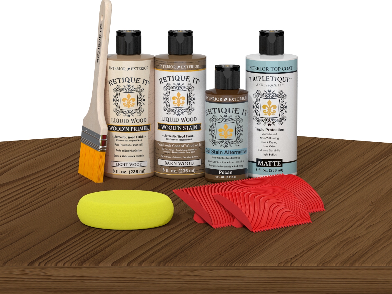 Retique It® Medium Walnut Wood'n Kit with Light Wood primer, Barn Wood stain, Pecan gel stain alternative, Matte Tripletique® Top Coat, brush, red graining tool, and yellow sponge.