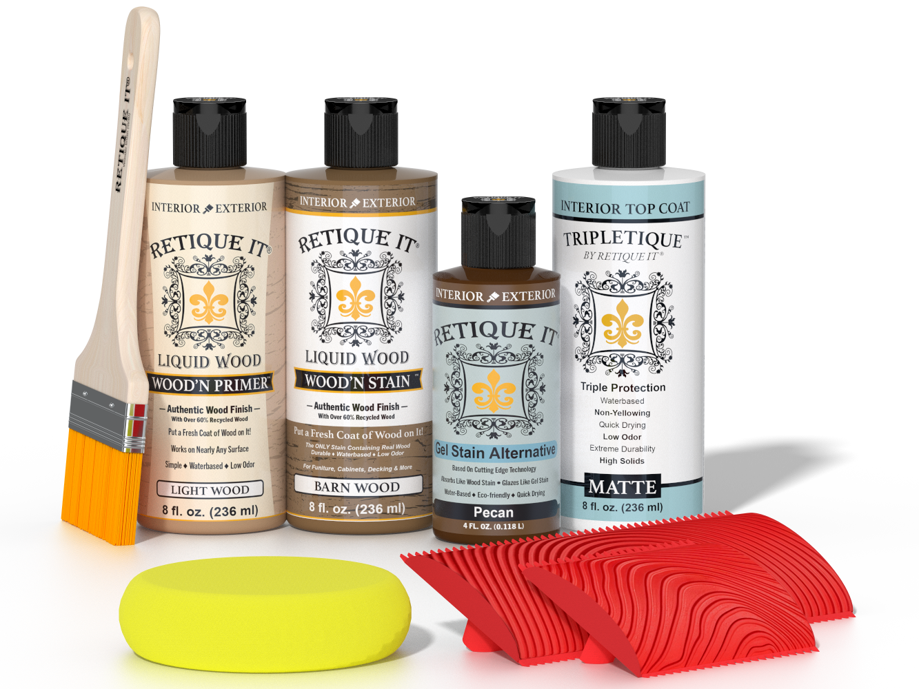 Retique It® Barn Wood Wood'n Kit with Light Wood Primer, Barn Wood Wood'n Stain, Matte TripleTique Top Coat, Pecan Gel Stain Alternative, yellow sponge, red graining tool, and brush.